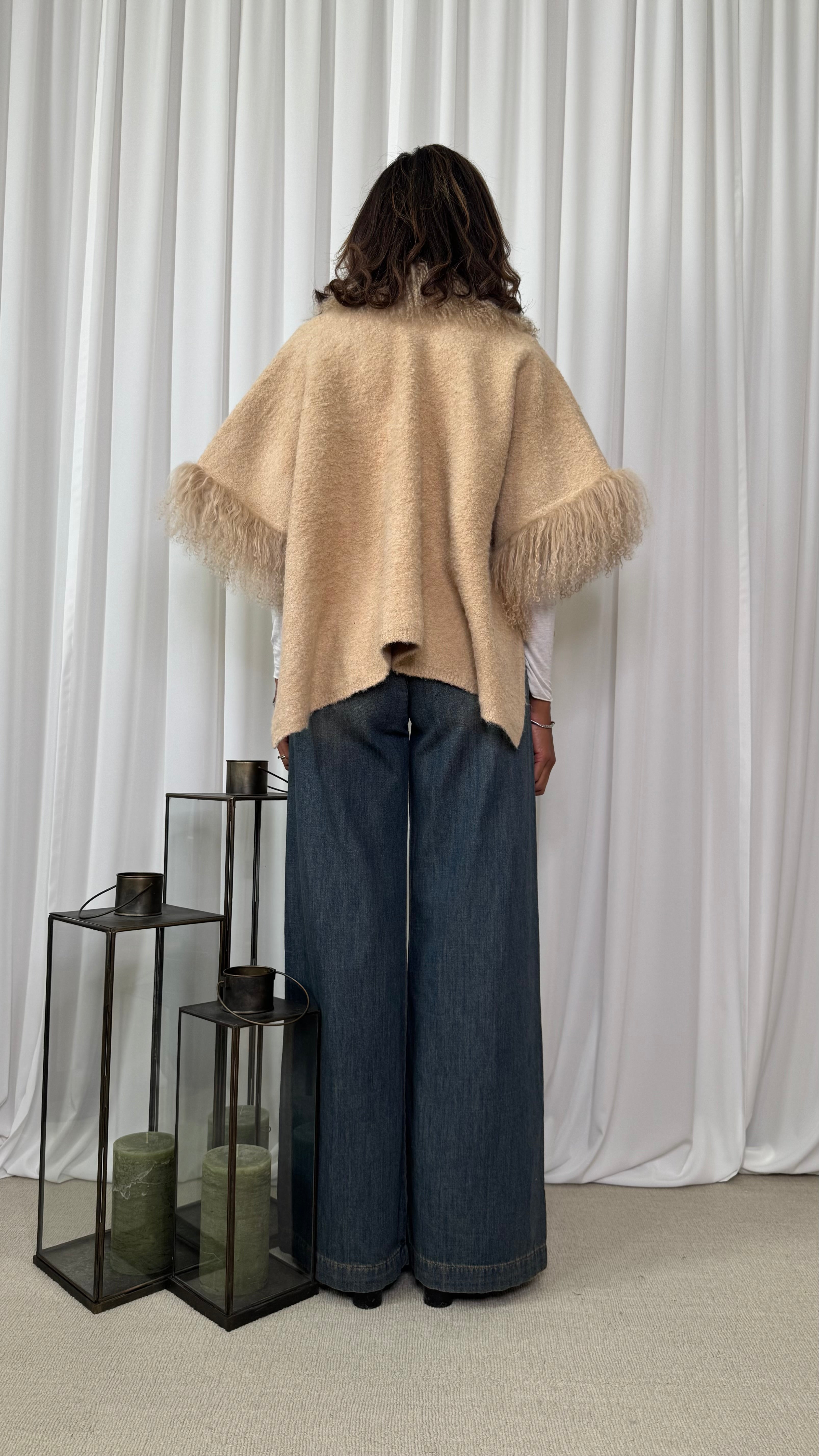 CAPE WITH MONGOLIAN FUR EDGES