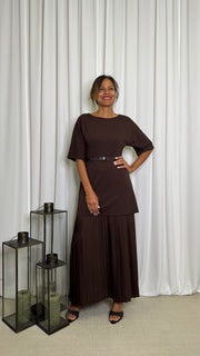 ABITO LUNGO CON CINTURA E GONNA PLISSE'